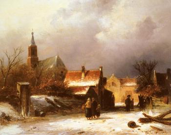 查爾斯 亨利 約瑟夫 雷尅爾特 Figures on a snow covered Path with a Dutch Town beyond 查爾斯 亨利 約瑟夫 雷尅爾特 Figures on a snow covered Path with a Dutch Town beyond
